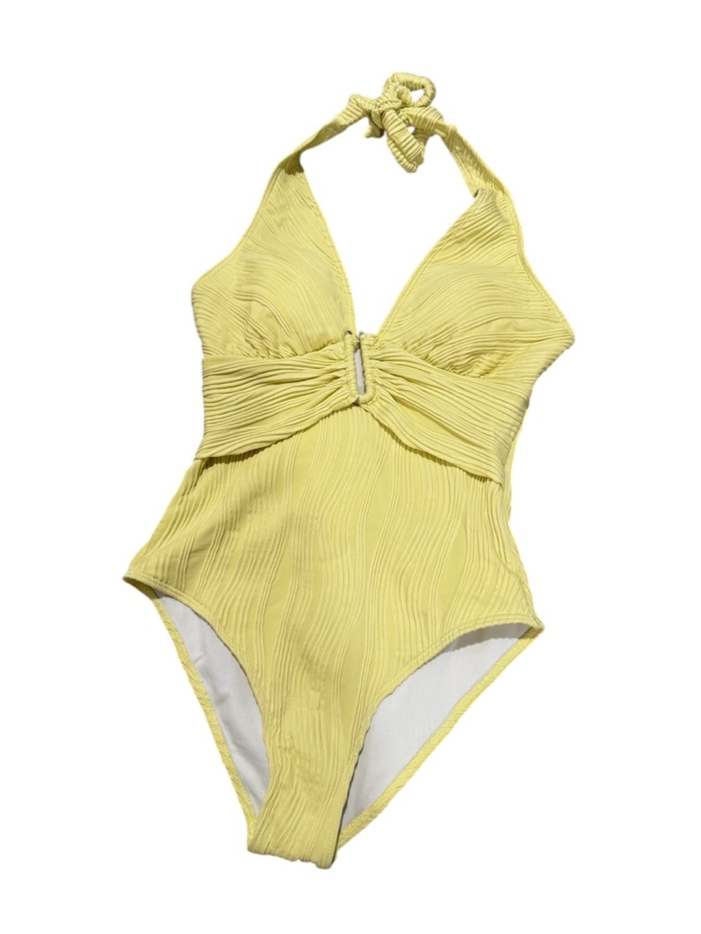 NWOT EMILIA Yellow Textured Ruched Halter One-Piece Retro Swimsuit | S
